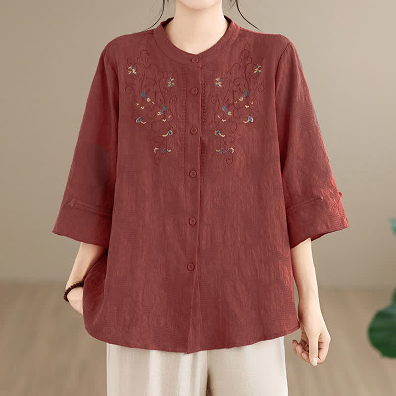 Buddha Stones Camicie da donna a maniche lunghe, stile Tang vintage, con ricami, colletto alla coreana e stampa floreale, per primavera/estate. - image 1