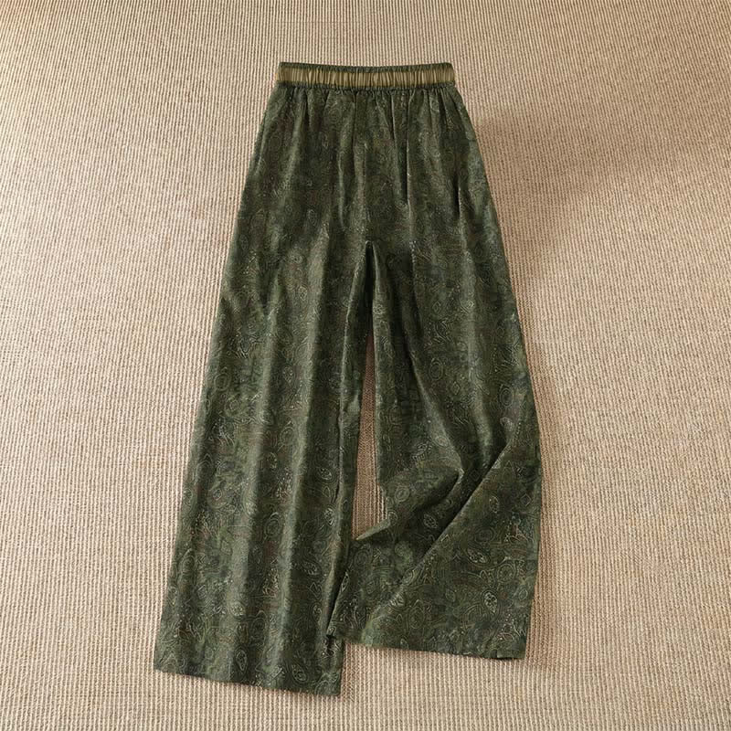 Buddha Stones Pantaloni lunghi da donna a gamba larga con coulisse, stile boho, verdi, con motivo astratto, per primavera/estate. Pantaloni a gamba larga con tasca. - image 1