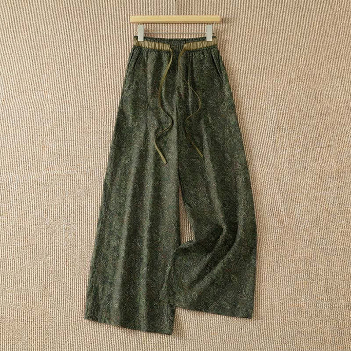 Buddha Stones Pantaloni lunghi da donna a gamba larga con coulisse, stile boho, verdi, con motivo astratto, per primavera/estate. Pantaloni a gamba larga con tasca. - Verde oliva scuro - US8-10, UK/AU12-14, EU40-42 (2XL) - image 0
