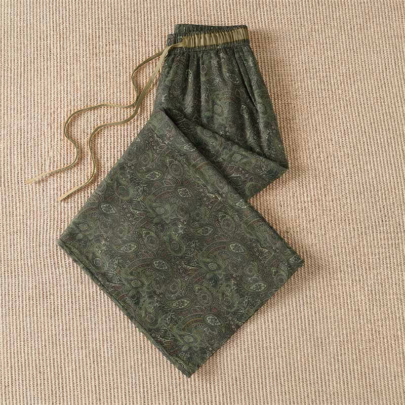 Buddha Stones Pantaloni lunghi da donna a gamba larga con coulisse, stile boho, verdi, con motivo astratto, per primavera/estate. Pantaloni a gamba larga con tasca. - image 2