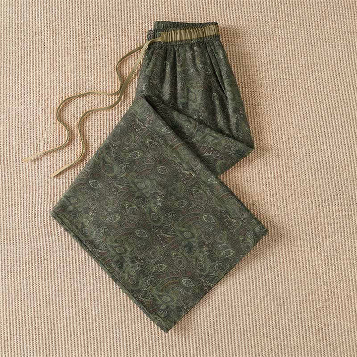 Buddha Stones Pantaloni lunghi da donna a gamba larga con coulisse, stile boho, verdi, con motivo astratto, per primavera/estate. Pantaloni a gamba larga con tasca. - image 2
