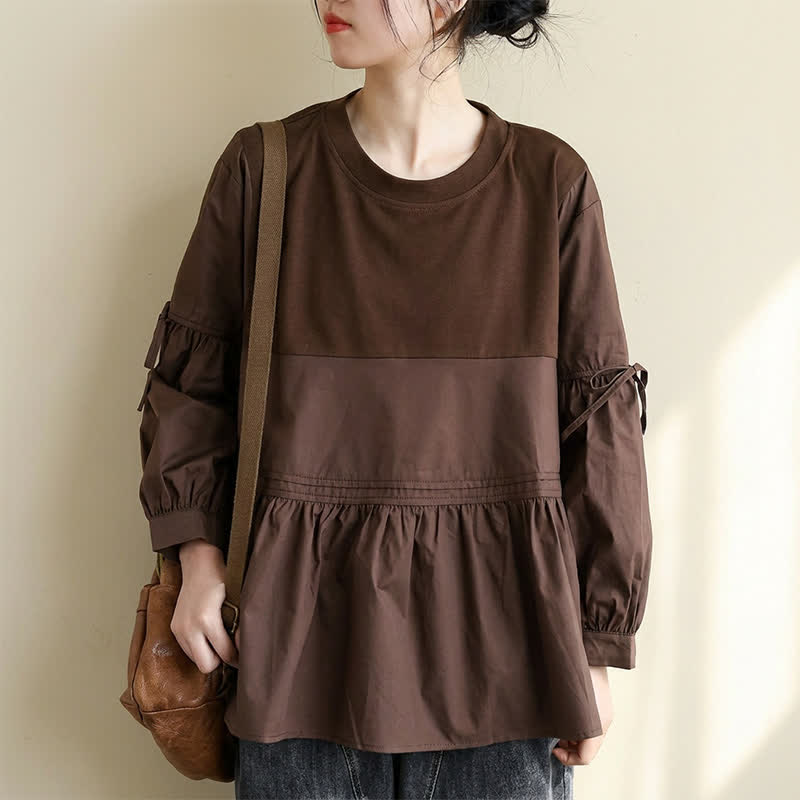 Buddha Stones T-shirt da donna a maniche lunghe, stile casual vintage, con scollo rotondo, orlo a peplo e coulisse, tinta unita, per primavera/autunno. - image 1