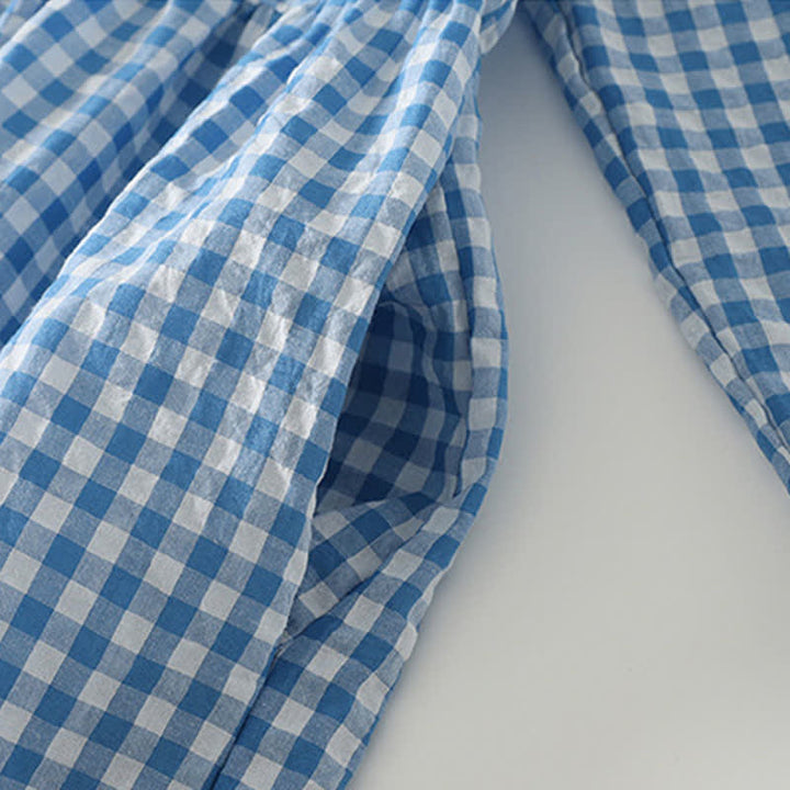 Buddha Stones Abito da donna primaverile casual vintage a quadri azzurri con scollo rotondo e maniche lunghe e tasca - image 7