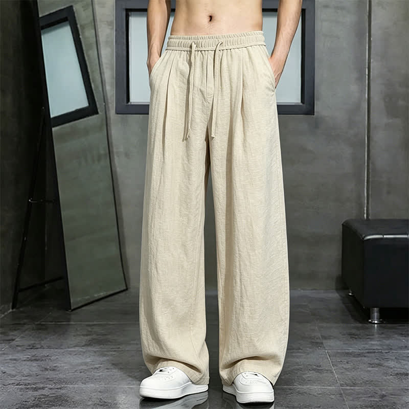 Buddha Stones Pantaloni lunghi da uomo a gamba dritta, tinta unita, con coulisse, ideali per primavera/estate e tempo libero, con tasca. - Grano - US/UK/AU46, EU56 (5XL) - image 0