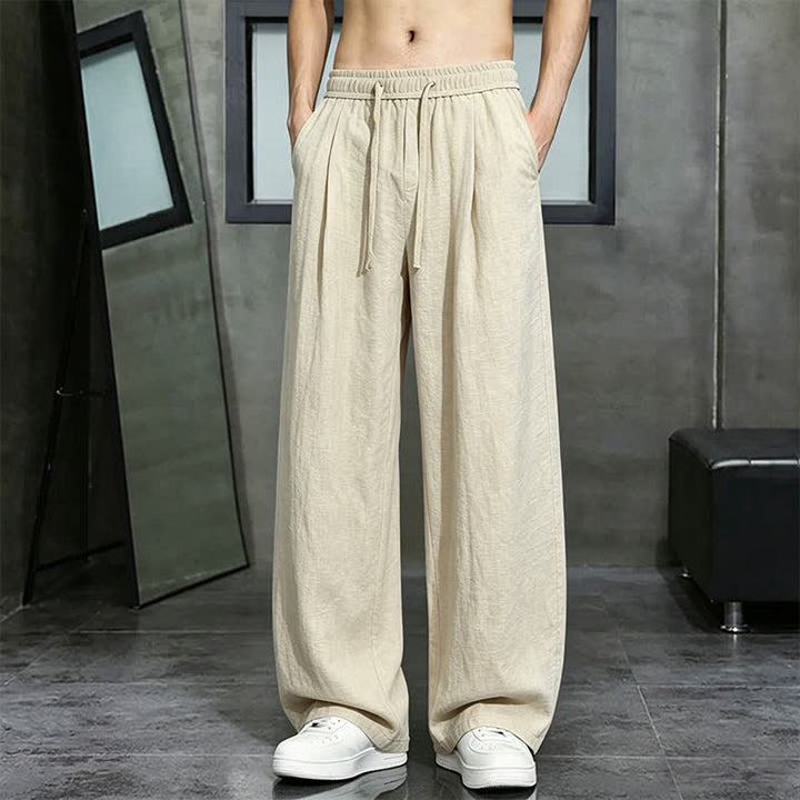 Buddha Stones Pantaloni lunghi da uomo a gamba dritta, tinta unita, con coulisse, ideali per primavera/estate e tempo libero, con tasca. - Grano - US/UK/AU46, EU56 (5XL) - image 0