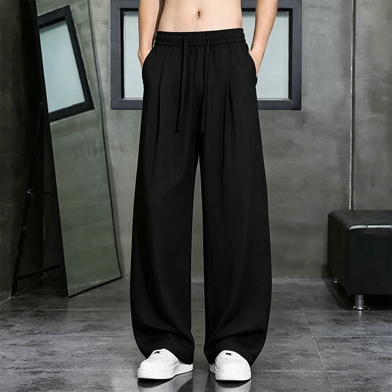 Buddha Stones Pantaloni lunghi da uomo a gamba dritta, tinta unita, con coulisse, ideali per primavera/estate e tempo libero, con tasca. - Nero - US/UK/AU46, EU56 (5XL) - image 8