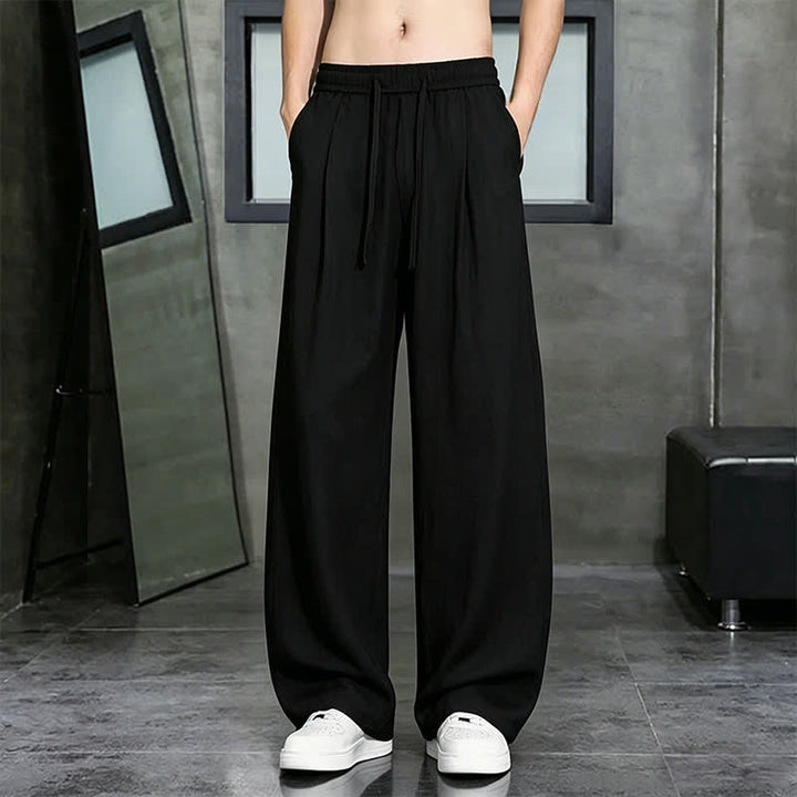 Buddha Stones Pantaloni lunghi da uomo a gamba dritta, tinta unita, con coulisse, ideali per primavera/estate e tempo libero, con tasca. - Nero - US/UK/AU46, EU56 (5XL) - image 8