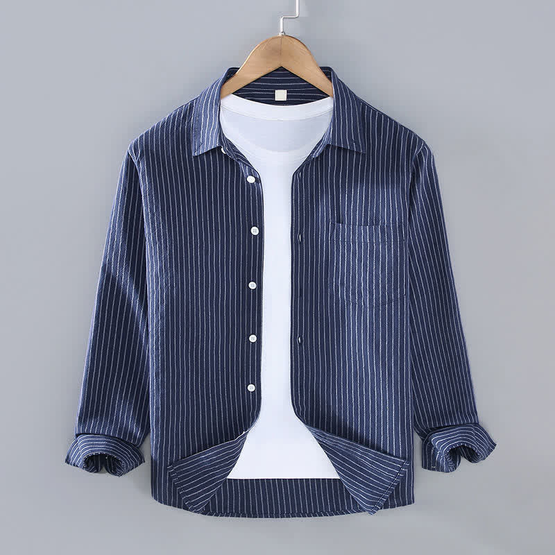 Buddha Stones Camicia da uomo a maniche lunghe, casual, minimalista, con bottoni e righe verticali, con taschino applicato, ideale per primavera e autunno. - Marina - US/UK/AU42, EU52 (3XL) - image 11