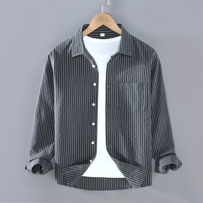 Buddha Stones Camicia da uomo a maniche lunghe, casual, minimalista, con bottoni e righe verticali, con taschino applicato, ideale per primavera e autunno. - Grigio tenue - US/UK/AU42, EU52 (3XL) - image 12