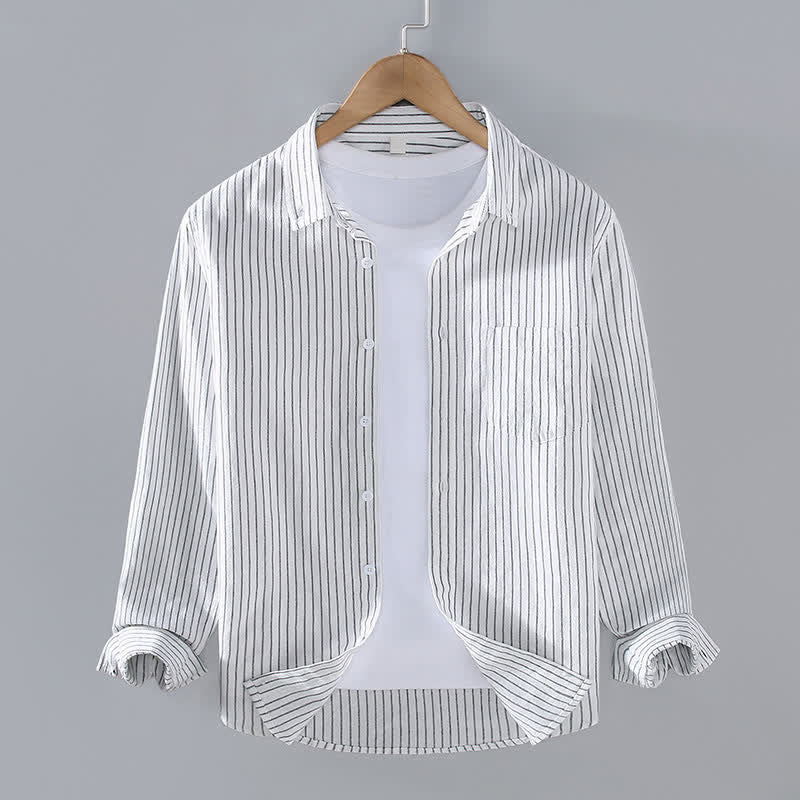 Buddha Stones Camicia da uomo a maniche lunghe, casual, minimalista, con bottoni e righe verticali, con taschino applicato, ideale per primavera e autunno. - Bianco - US/UK/AU42, EU52 (3XL) - image 0