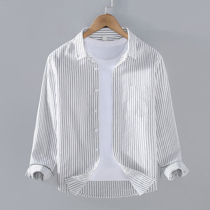 Buddha Stones Camicia da uomo a maniche lunghe, casual, minimalista, con bottoni e righe verticali, con taschino applicato, ideale per primavera e autunno. - Bianco - US/UK/AU42, EU52 (3XL) - image 0