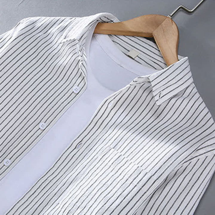 Buddha Stones Camicia da uomo a maniche lunghe, casual, minimalista, con bottoni e righe verticali, con taschino applicato, ideale per primavera e autunno. - image 2