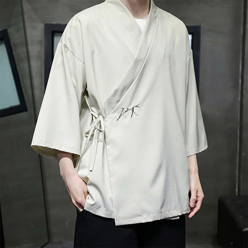Buddha Stones Kimono da uomo estivo in stile Tang, minimalista, con coulisse, in bambù, tinta unita, maniche a tre quarti. - image 3
