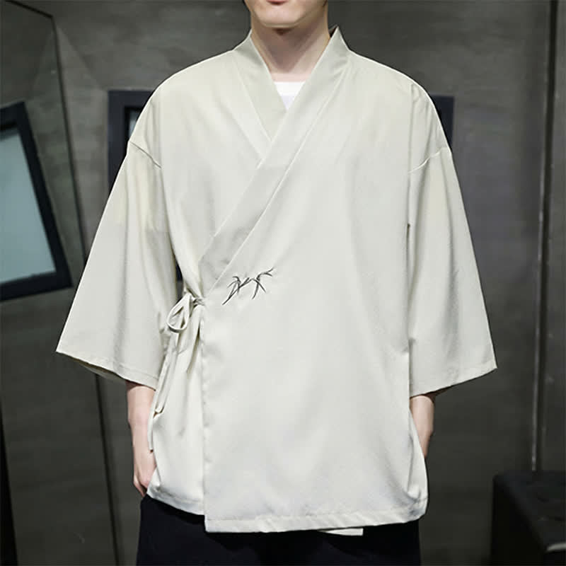 Buddha Stones Kimono da uomo estivo in stile Tang, minimalista, con coulisse, in bambù, tinta unita, maniche a tre quarti. - image 1