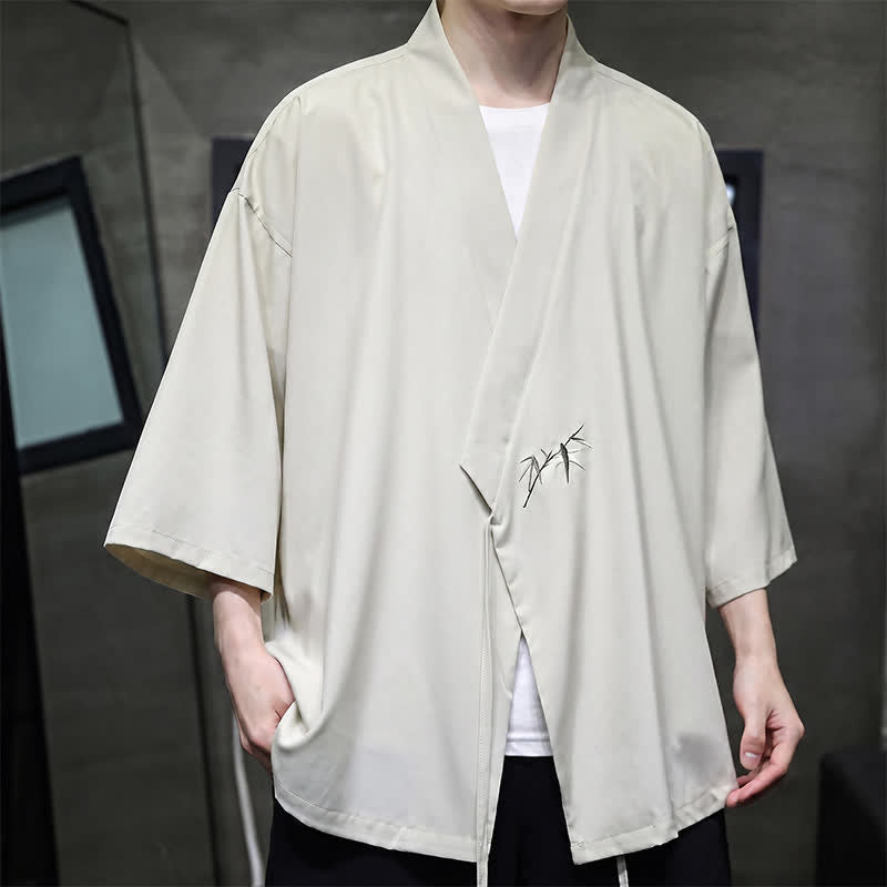 Buddha Stones Kimono da uomo estivo in stile Tang, minimalista, con coulisse, in bambù, tinta unita, maniche a tre quarti. - image 4