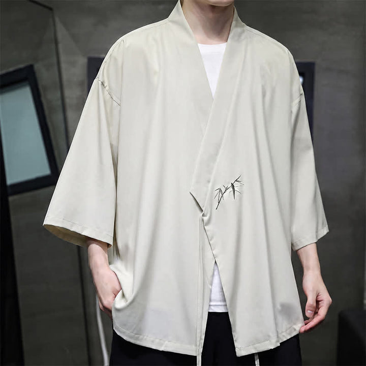 Buddha Stones Kimono da uomo estivo in stile Tang, minimalista, con coulisse, in bambù, tinta unita, maniche a tre quarti. - image 4