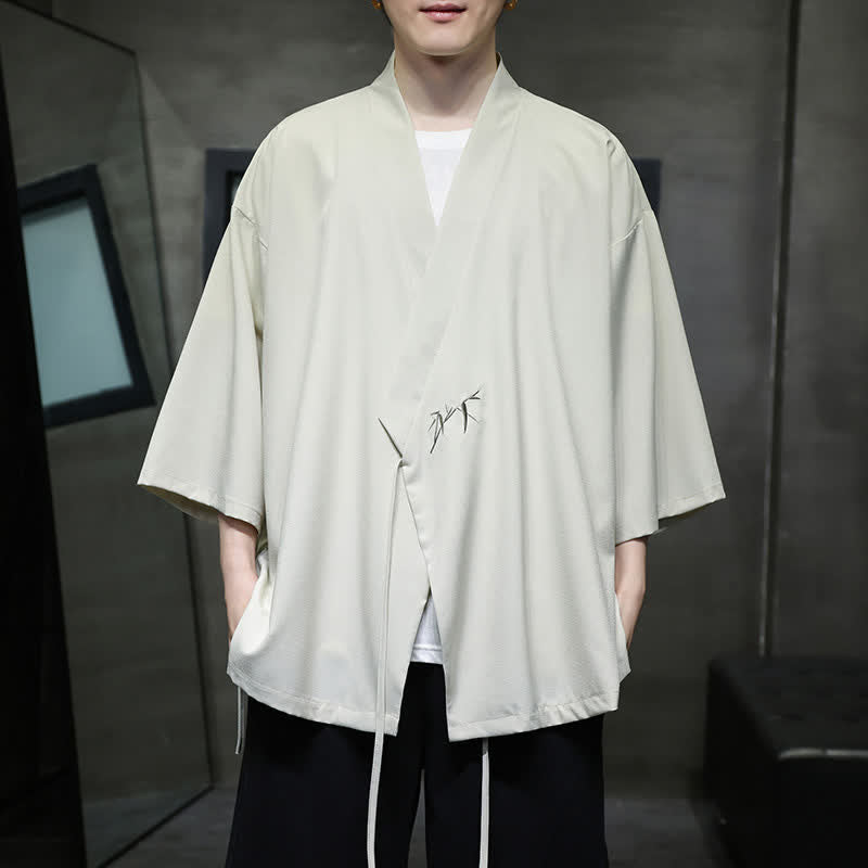 Buddha Stones Kimono da uomo estivo in stile Tang, minimalista, con coulisse, in bambù, tinta unita, maniche a tre quarti. - Beige - US/UK/AU46, EU56 (5XL) - image 0