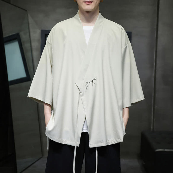 Buddha Stones Kimono da uomo estivo in stile Tang, minimalista, con coulisse, in bambù, tinta unita, maniche a tre quarti. - Beige - US/UK/AU46, EU56 (5XL) - image 0
