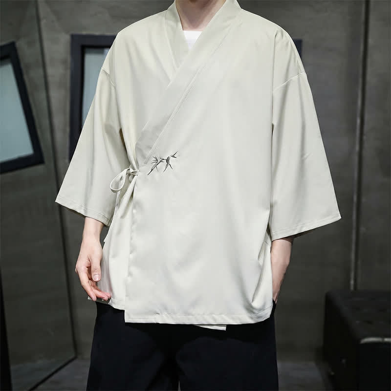 Buddha Stones Kimono da uomo estivo in stile Tang, minimalista, con coulisse, in bambù, tinta unita, maniche a tre quarti. - image 2