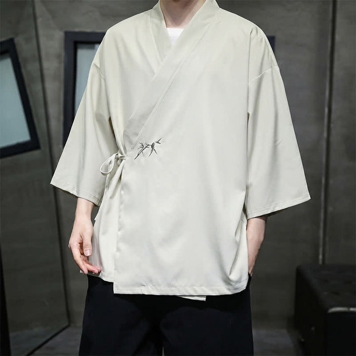 Buddha Stones Kimono da uomo estivo in stile Tang, minimalista, con coulisse, in bambù, tinta unita, maniche a tre quarti. - image 2
