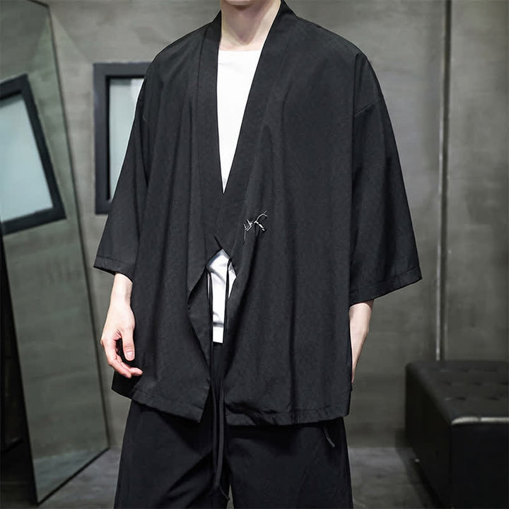 Buddha Stones Kimono da uomo estivo in stile Tang, minimalista, con coulisse, in bambù, tinta unita, maniche a tre quarti. - image 9