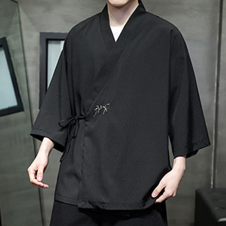 Buddha Stones Kimono da uomo estivo in stile Tang, minimalista, con coulisse, in bambù, tinta unita, maniche a tre quarti. - image 17
