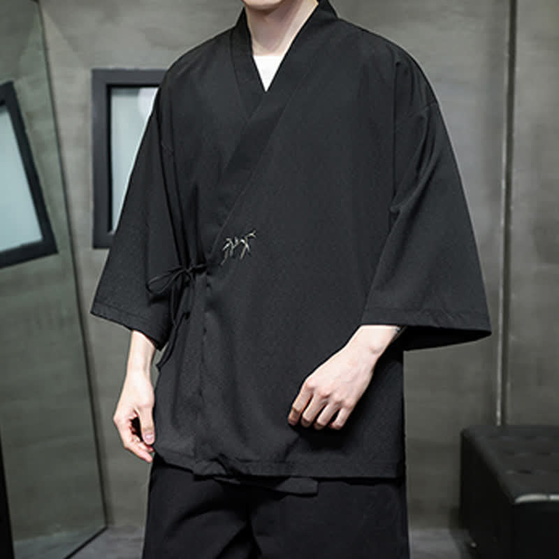 Buddha Stones Kimono da uomo estivo in stile Tang, minimalista, con coulisse, in bambù, tinta unita, maniche a tre quarti. - image 15