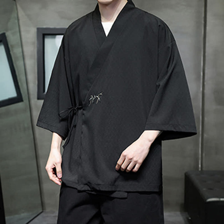 Buddha Stones Kimono da uomo estivo in stile Tang, minimalista, con coulisse, in bambù, tinta unita, maniche a tre quarti. - image 15