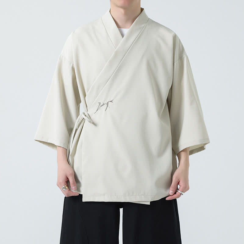 Buddha Stones Kimono da uomo estivo in stile Tang, minimalista, con coulisse, in bambù, tinta unita, maniche a tre quarti. - image 6