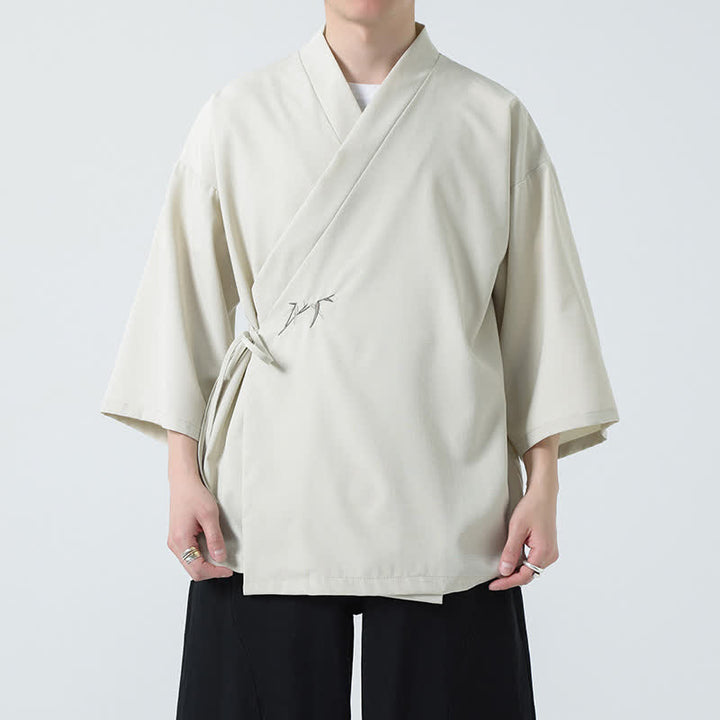 Buddha Stones Kimono da uomo estivo in stile Tang, minimalista, con coulisse, in bambù, tinta unita, maniche a tre quarti. - image 6