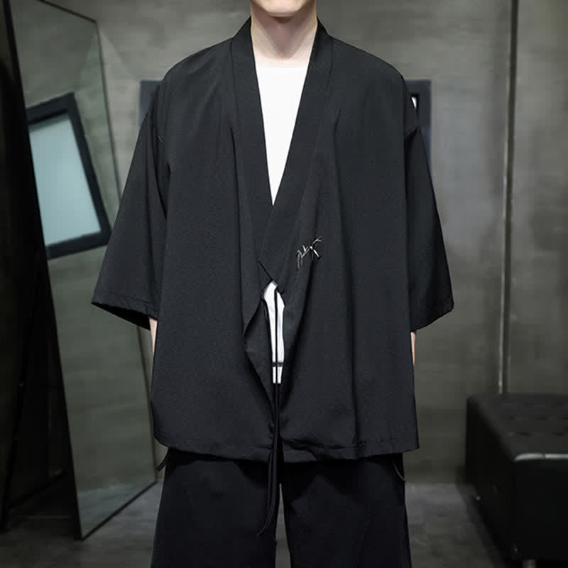 Buddha Stones Kimono da uomo estivo in stile Tang, minimalista, con coulisse, in bambù, tinta unita, maniche a tre quarti. - image 10