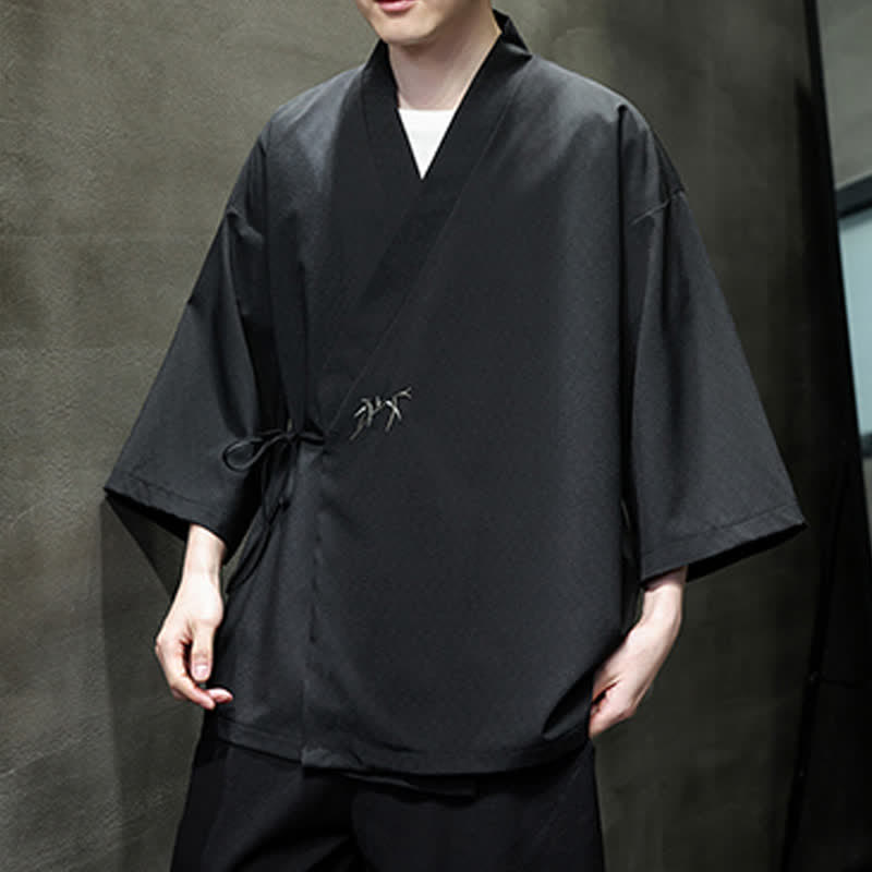 Buddha Stones Kimono da uomo estivo in stile Tang, minimalista, con coulisse, in bambù, tinta unita, maniche a tre quarti. - image 14