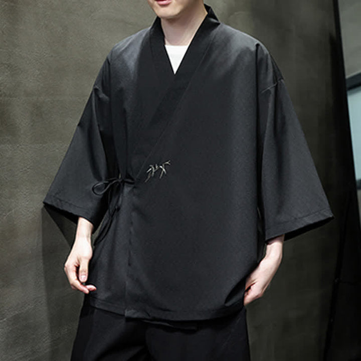 Buddha Stones Kimono da uomo estivo in stile Tang, minimalista, con coulisse, in bambù, tinta unita, maniche a tre quarti. - image 14