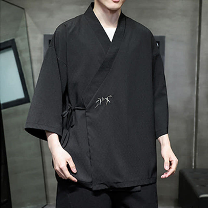 Buddha Stones Kimono da uomo estivo in stile Tang, minimalista, con coulisse, in bambù, tinta unita, maniche a tre quarti. - image 16