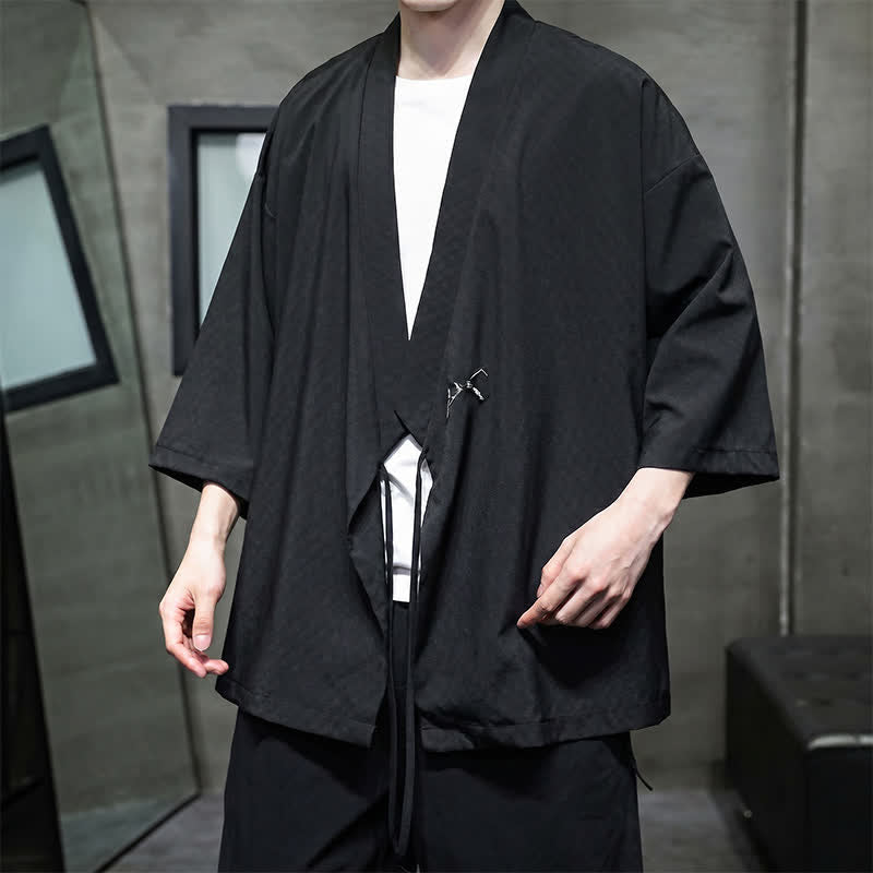 Buddha Stones Kimono da uomo estivo in stile Tang, minimalista, con coulisse, in bambù, tinta unita, maniche a tre quarti. - image 13