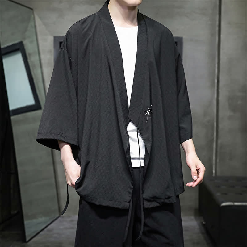 Buddha Stones Kimono da uomo estivo in stile Tang, minimalista, con coulisse, in bambù, tinta unita, maniche a tre quarti. - image 12