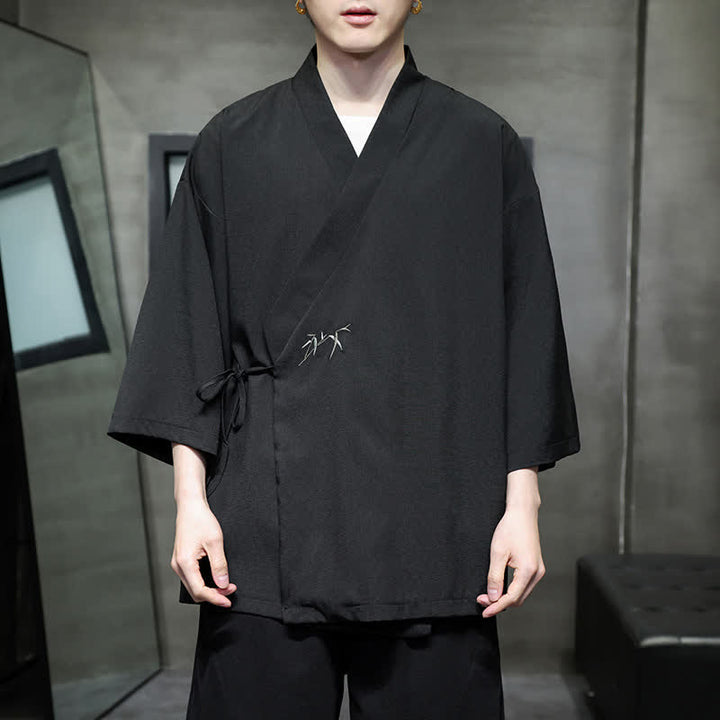 Buddha Stones Kimono da uomo estivo in stile Tang, minimalista, con coulisse, in bambù, tinta unita, maniche a tre quarti. - Nero - US/UK/AU46, EU56 (5XL) - image 7