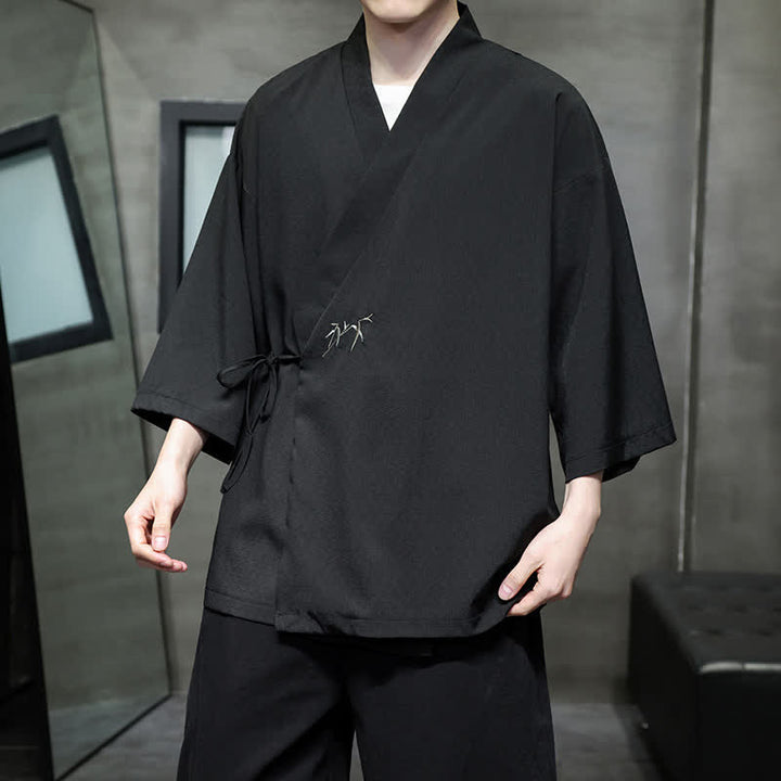 Buddha Stones Kimono da uomo estivo in stile Tang, minimalista, con coulisse, in bambù, tinta unita, maniche a tre quarti. - image 11