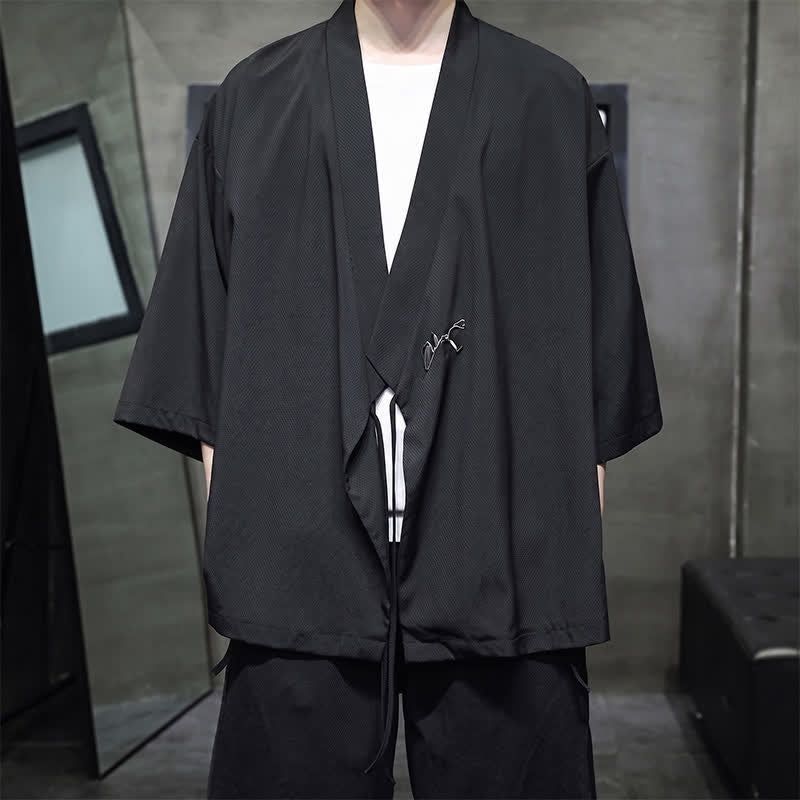 Buddha Stones Kimono da uomo estivo in stile Tang, minimalista, con coulisse, in bambù, tinta unita, maniche a tre quarti. - image 8