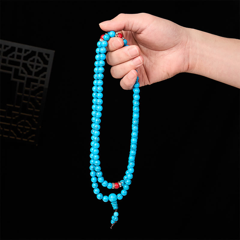 Buddha Stones Mala di protezione tibetano con 108 perle rotonde turchesi. - image 4