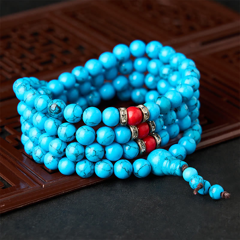 Buddha Stones Mala di protezione tibetano con 108 perle rotonde turchesi. - image 2