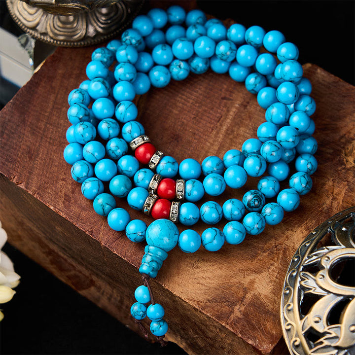 Buddha Stones Mala di protezione tibetano con 108 perle rotonde turchesi. - image 1