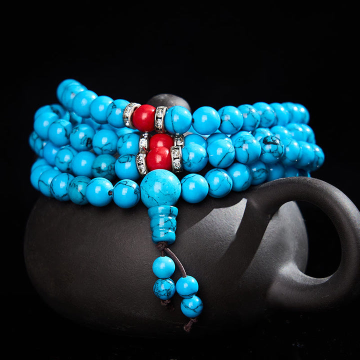 Buddha Stones Mala di protezione tibetano con 108 perle rotonde turchesi. - 8 mm - image 0