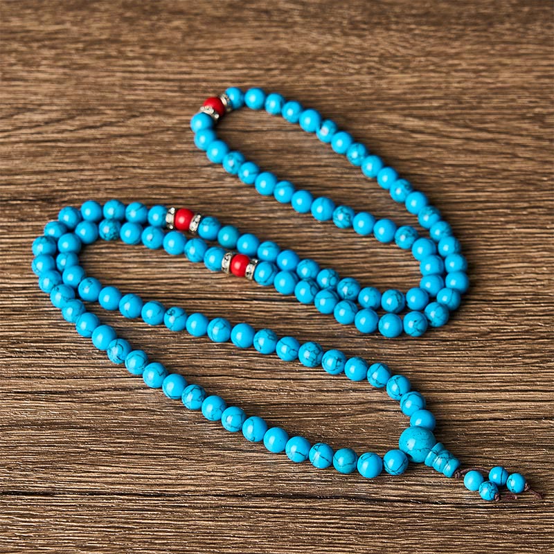 Buddha Stones Mala di protezione tibetano con 108 perle rotonde turchesi. - image 3