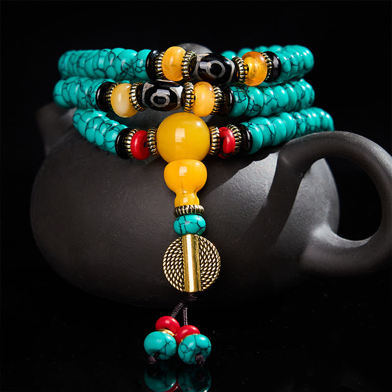 Buddha Stones Mala di comunicazione e prosperità con perline Dzi e abaco turchesi - 8 mm - image 0