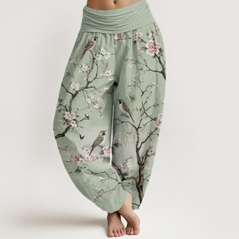 Buddha Stones Pantaloni harem da donna in cotone con motivo a fiori di ciliegio e uccelli, con elastico in vita. - Verde chiaro - US16, UK/AU20, EU48 (3XL) - image 0