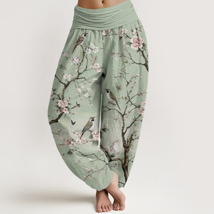 Buddha Stones Pantaloni harem da donna in cotone con motivo a fiori di ciliegio e uccelli, con elastico in vita. - Verde chiaro - US16, UK/AU20, EU48 (3XL) - image 0