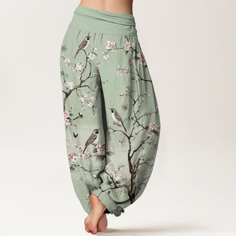 Buddha Stones Pantaloni harem da donna in cotone con motivo a fiori di ciliegio e uccelli, con elastico in vita. - image 2