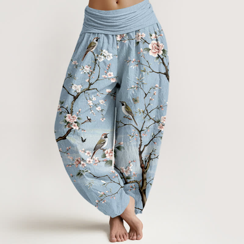Buddha Stones Pantaloni harem da donna in cotone con motivo a fiori di ciliegio e uccelli, con elastico in vita. - Azzurro polvere - US16, UK/AU20, EU48 (3XL) - image 5