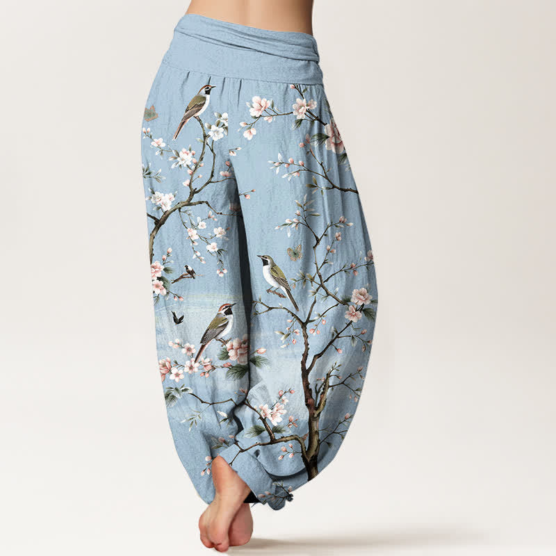 Buddha Stones Pantaloni harem da donna in cotone con motivo a fiori di ciliegio e uccelli, con elastico in vita. - image 7